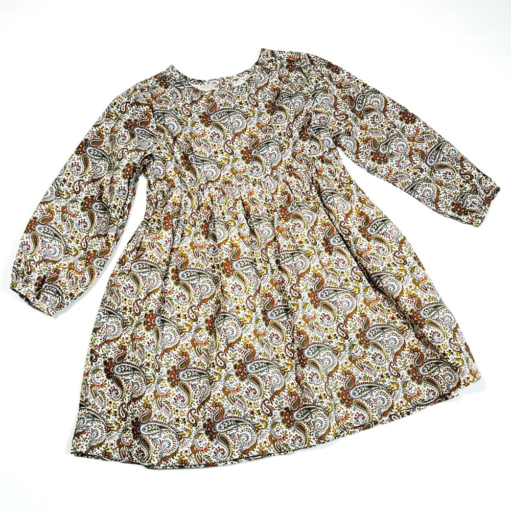 Olive Juice Girls Casual Dress 5T White Brown Paisley Long Sleeve Cotton Retro